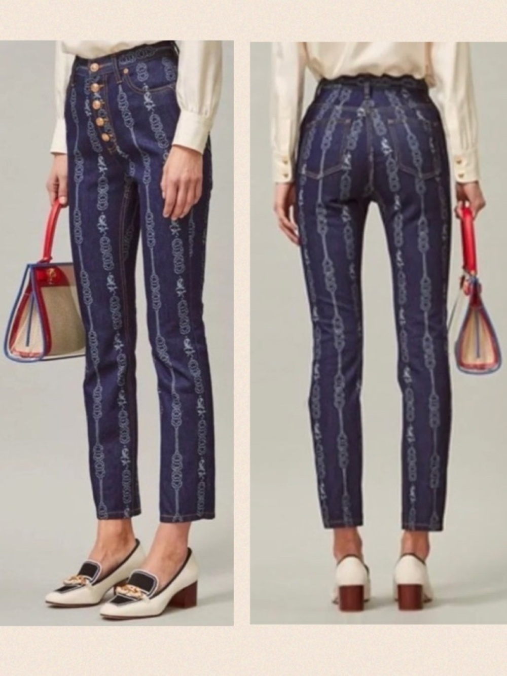Tory Burch NWT Gemini Link Bloom Jacquard Denim Pant (30)